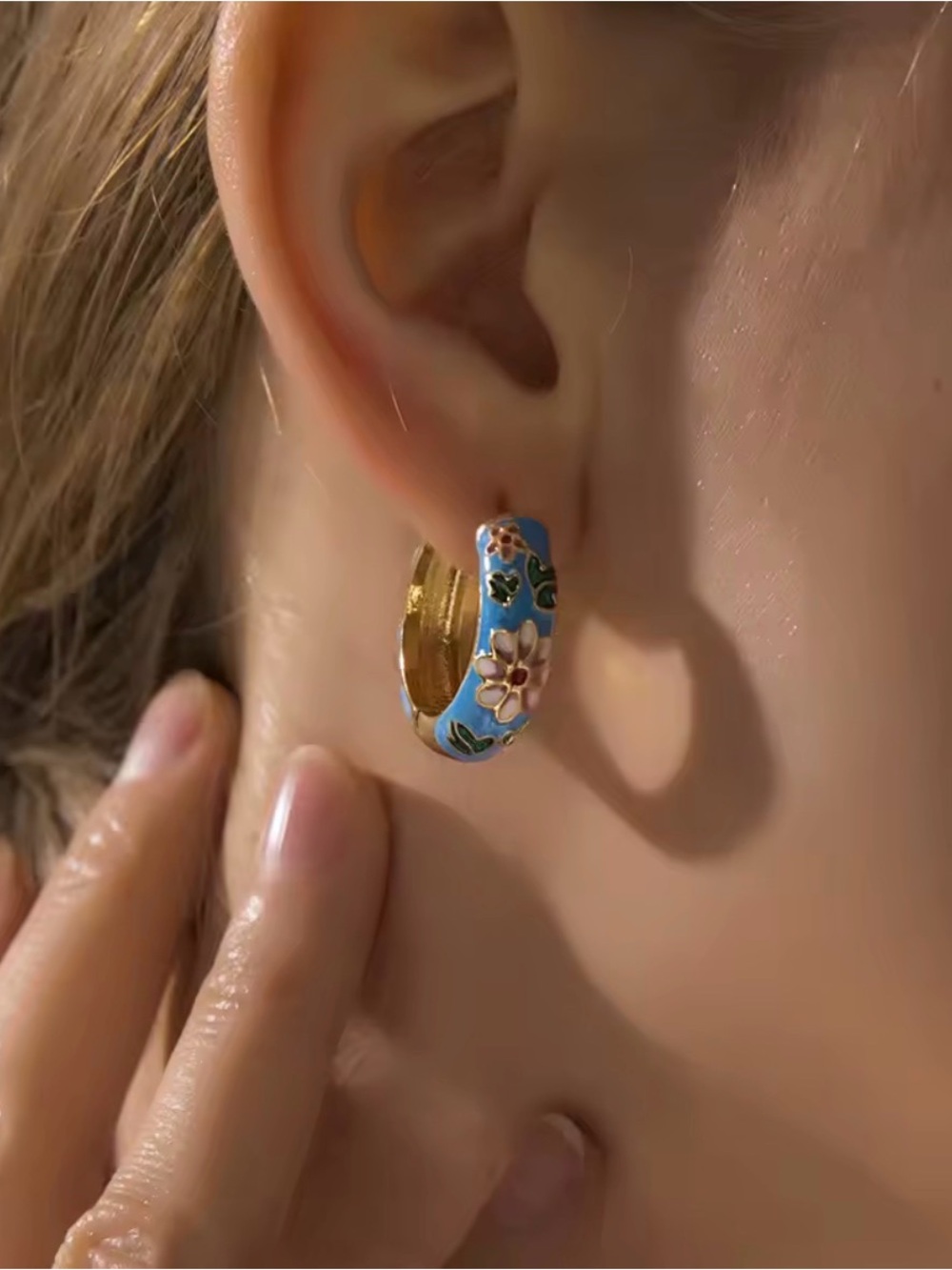 Blue Floral Enamel Hoop Earrings